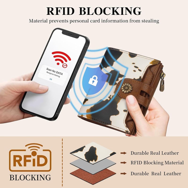 Blucoay Wallet Women,RFID Blocking Leather Womens Wallet Bifold Compact Small Wallet for Women Card Holder with Removable ID Window cowprint brown - Image 5